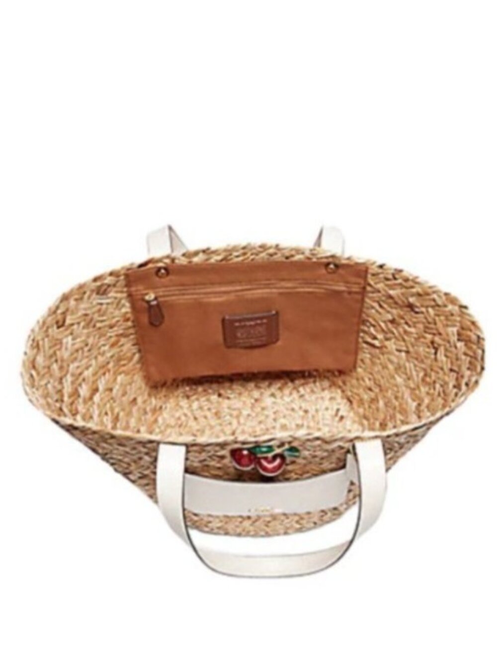 COACH Large Straw Basket Tote with Cherry Charm Natural Chalk Leather RARE NWT - Picture 6 of 11
